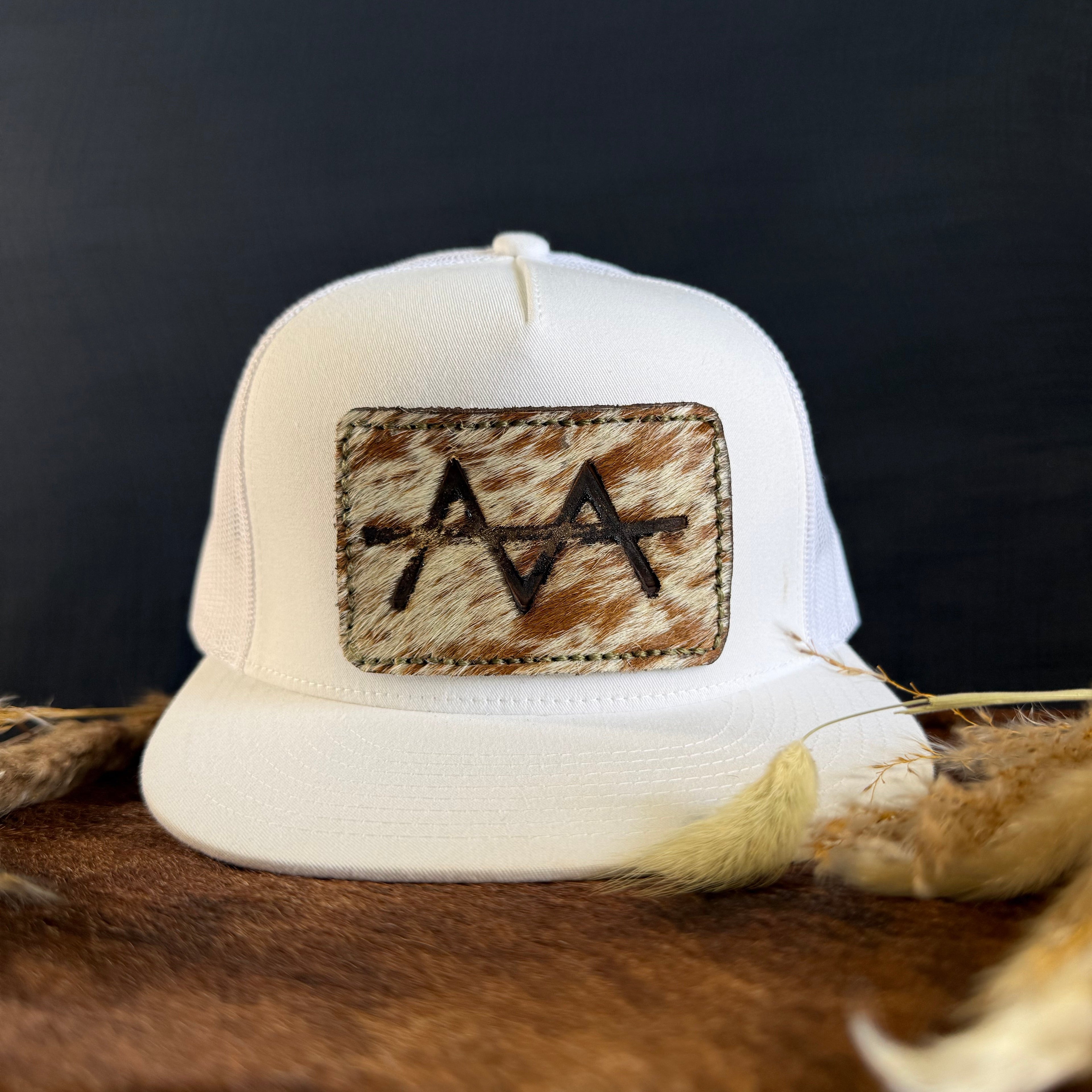Cowhide Patch White Snapback Hat