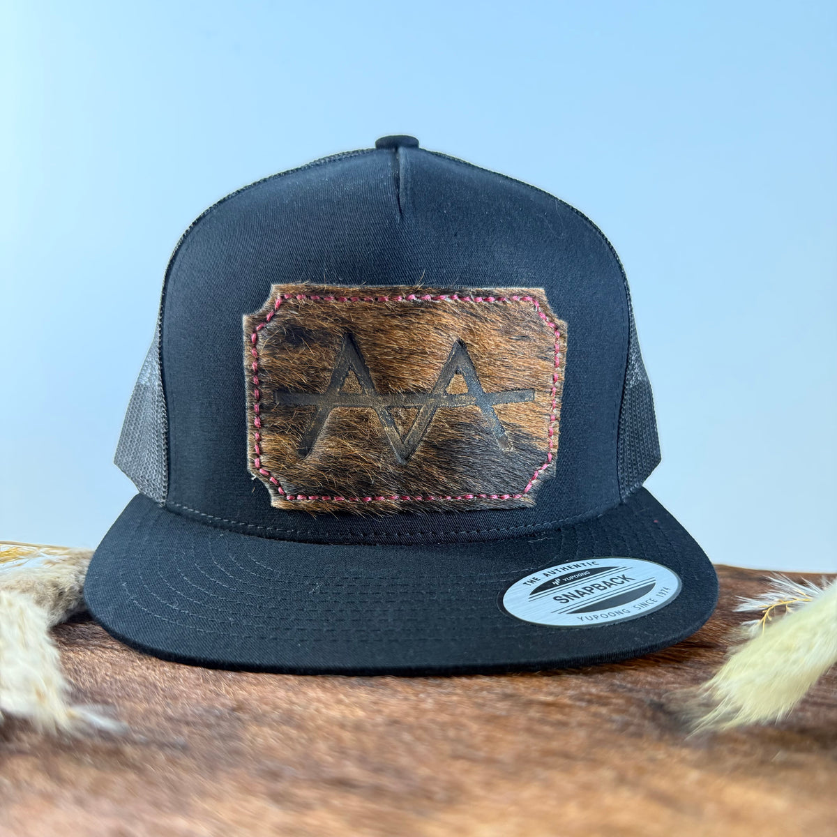 Magenta Stitch Golden Brindle Cowhide Patch All-Black Snapback Hat