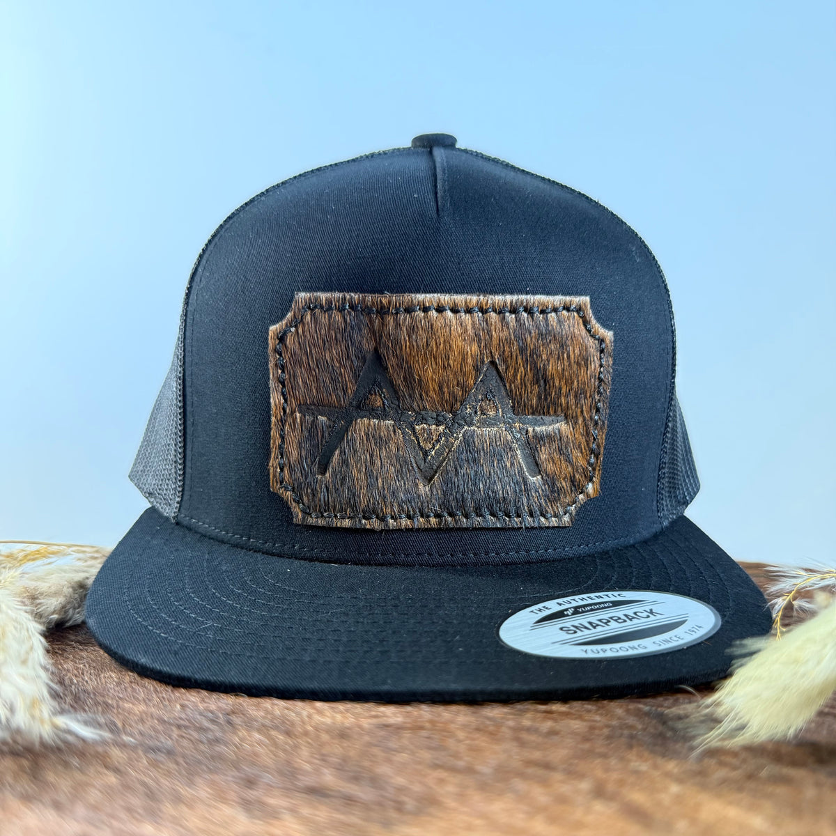 Black Stitch Scalloped Dark Brindle Cowhide Patch All-Black Snapback Hat